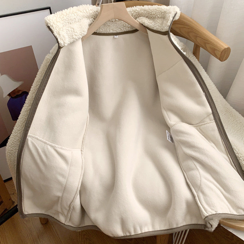 Autumn Winter Lambswool Coat Male Loose Windproof Warm Sherpa Stand Collar Polar Fleece Jacket Unisex Simple  Pocket Spliced Top