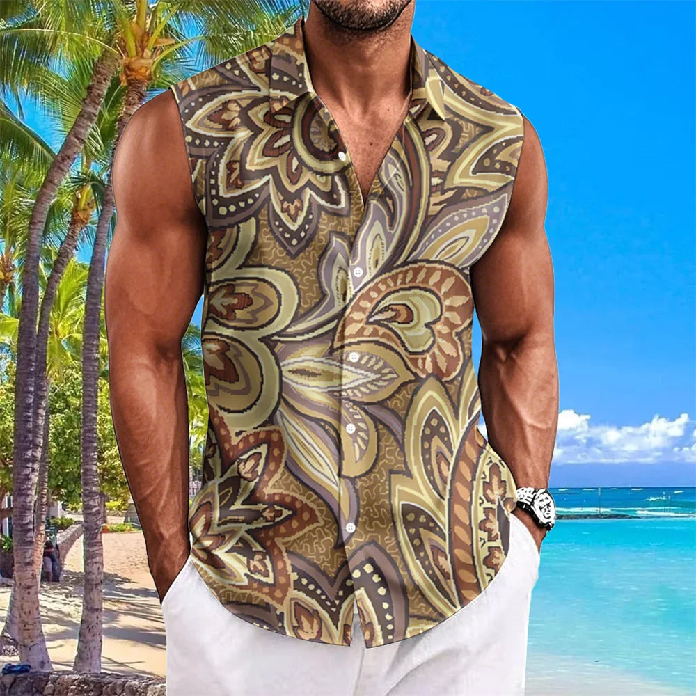 Ethnic Style Men's Shirts Cashew Flower Print Sleeveless Lapel Tops Hawaiian Shirt For Men Casual Vintage Oversized Men Clothing