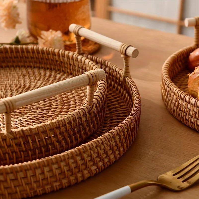 Rattan Tray Round Storage Basket Tray with Handles Natural Hand Woven Baskets Bread Fruit Food Plate Tray Home Kitchen Supplies