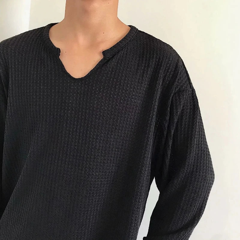 Spring Autumn New Fashion V-neck Long Sleeve Solid Color T-Shirts Men's Clothing Korean Loose All-match Pullovers Hip Hop Tops