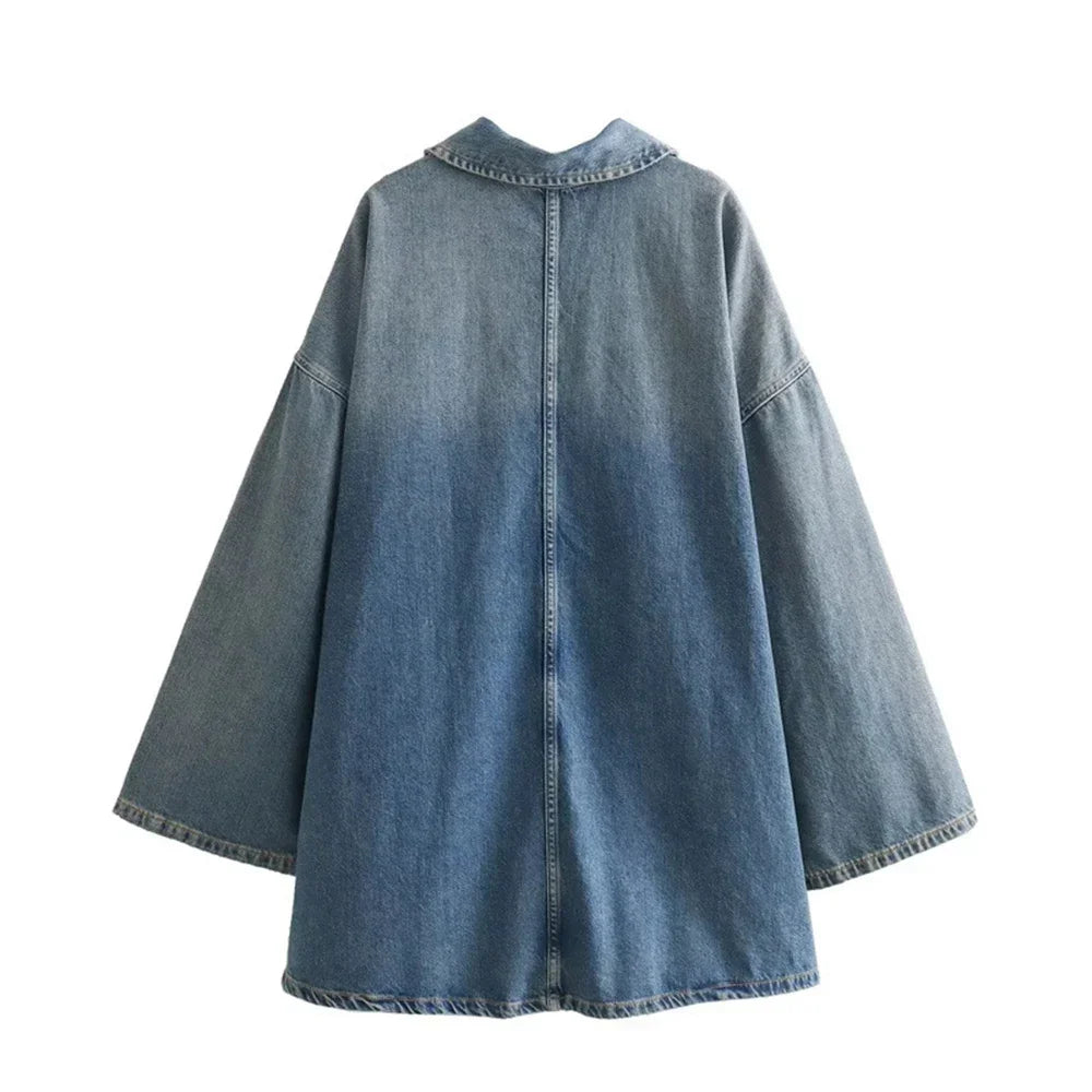 Women's Denim Dresses Lapel Zip Mini Long Sleeve Dresses Fashion Casual Loose Patch Pocket Party Commuter Denim Dresses