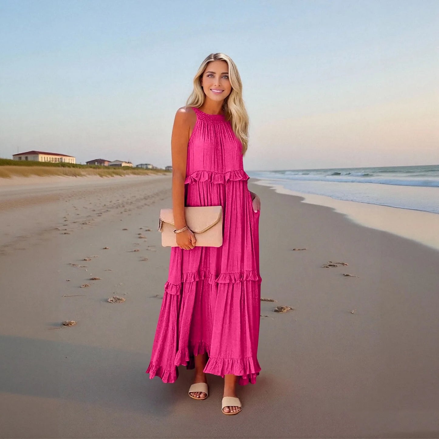 Women's Ruffled hem layered long dresses Summer Sleeveless backless dress Fashion Long Dress Big Swing Beach Dress vestidos