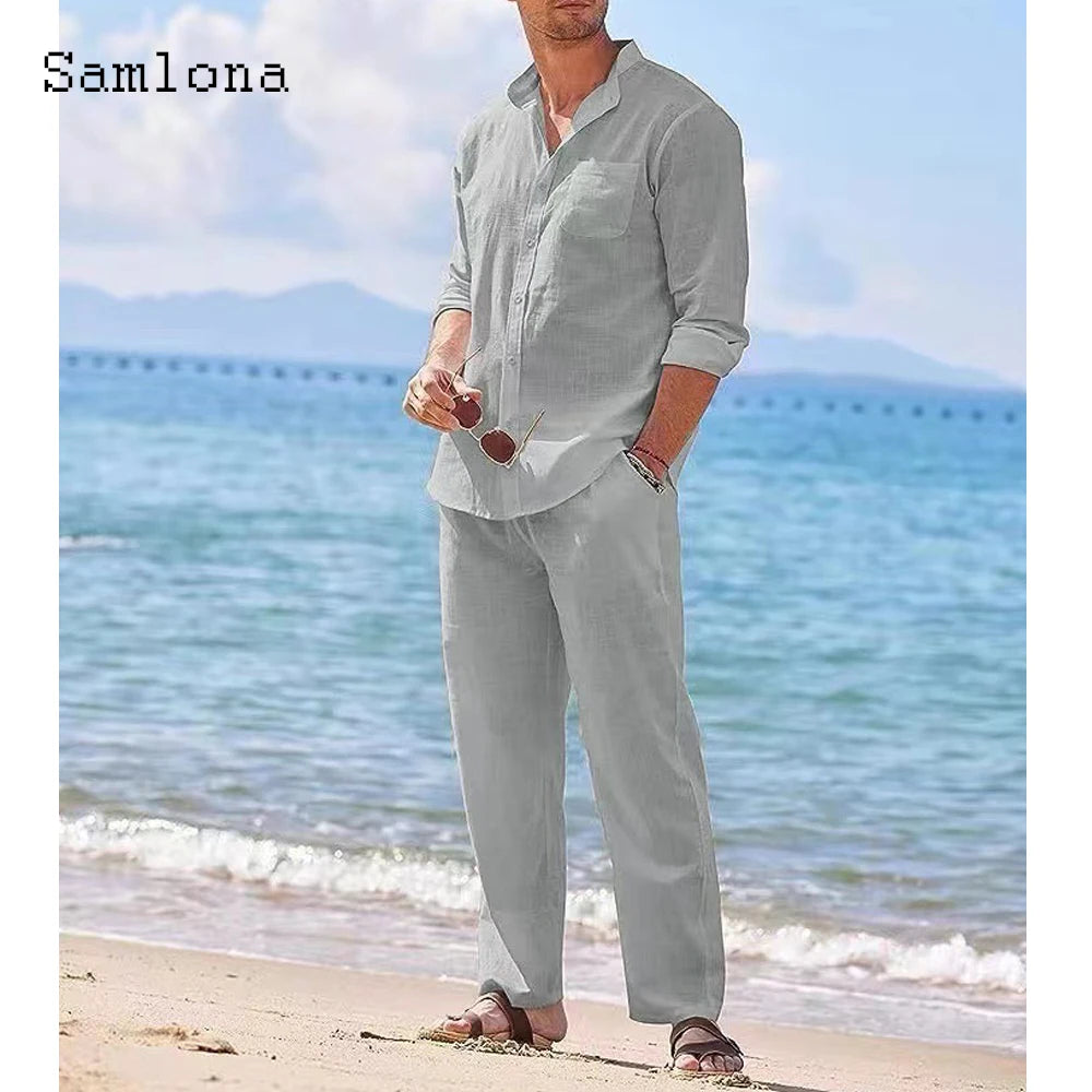 Plus Size Mens Casual Cotton Two Piece Sets 2025 Europe Style Vintage Basic Tops and Solid Pants Suit Male Beach Tracksuits Set