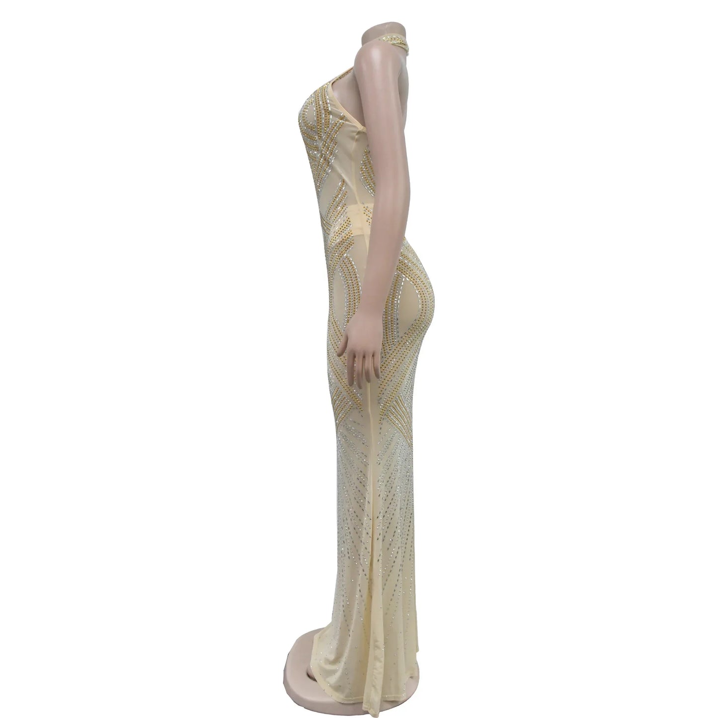 Fashion Women's Wear Solid Color Mesh Hot Rhinestone Halter Maxi Dress Sleeveless Formal Evening Long Dress Skinny Slim