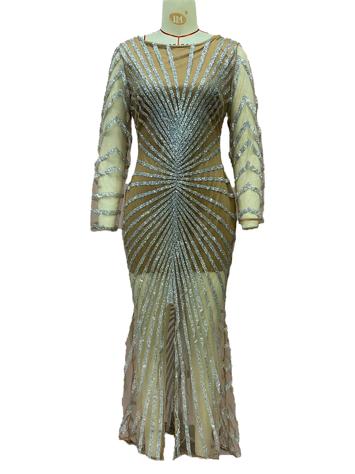 2024 New Spring Fashionable Embellished Women's Mesh Dress Long Sleeve Side Slit Long Dress For Women