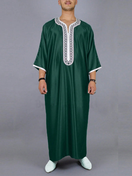 New Moroccan Green Arab Robe for Men Traditional Islamic Casual Clothing Embroidered Muslim Robe