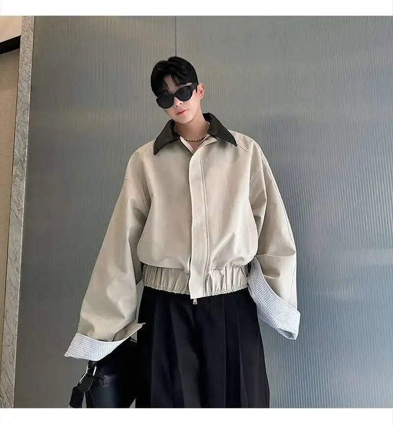 LUZHEN 2025 Spring Design Leather Collar Trendy Jacket Personalized Handsome Trendy Classy Versatile Color Contrast Tops LZ8146