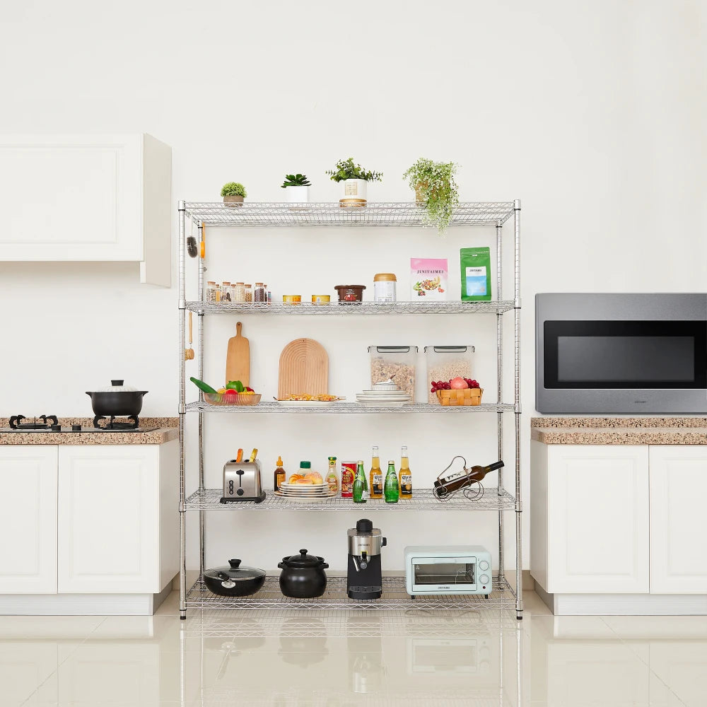Warehouse supermarket kitchen other 5-layer heavy-duty adjustable shelves with wheels  adjustable feet  frame bearing 300 pounds