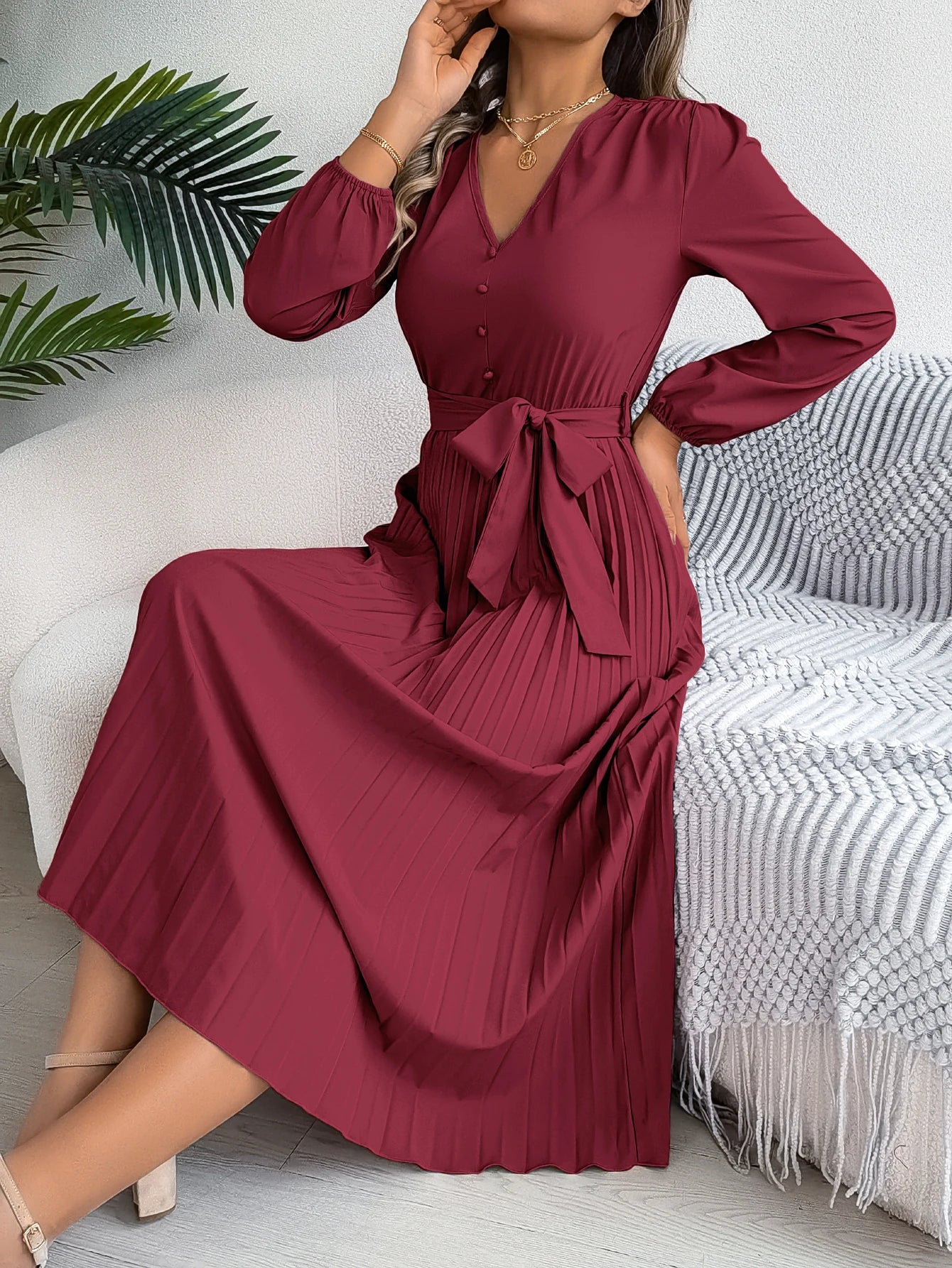 Autumn Winter Elegant V-Neck Button Belt Long Sleeved Solid Color Pleated Long Dress For Women Dresses