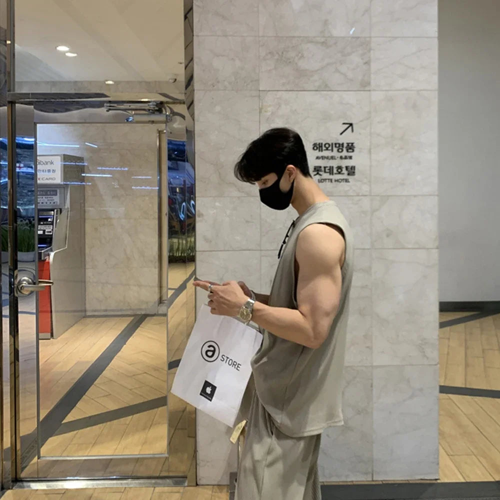 New Summer Clothing Mens Casual Tank Tops Set Luxury Korean Streetwear O Neck Solid Drape Vest and Trousers 2 Piece Suit