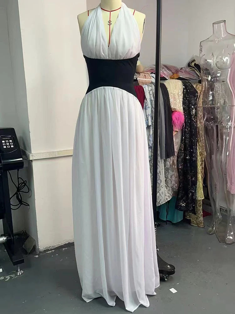 Mozision Halter Deep V Neck Backless Sexy Maxi Dress Women Gown Fashion Patchwork Sleeveless High Waist Club Party Long Dress