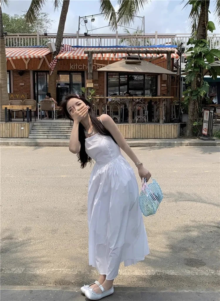 French Style Sexy Open-Back Blue Tank Dress Women's Summer Vacation Beach A- Line Long Dress Beach Vacation Dress