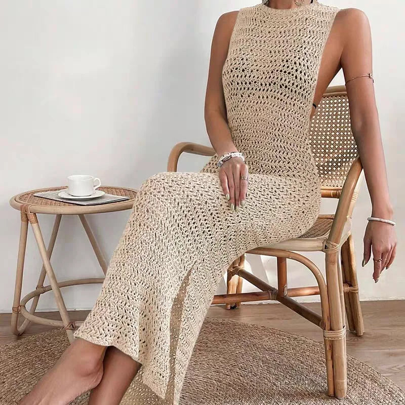 Women's Beach Style O-Neck Knit Hollow out Long Dress 2025 Summer Female Casual Sleeveless Dress Beach Bikini Cover-up Blouse