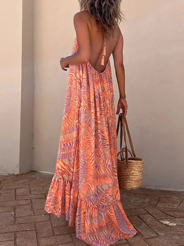Summer Beach Style Women Ruffles Dress Patchwork Backless Off Shoulder Lady Long Dress Holiday Casual Loose Sleeveless Dresses
