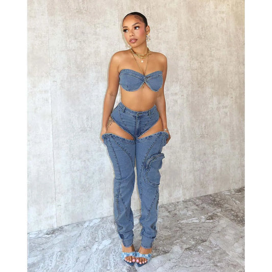 Sexy Denim Bikini Tops Two Piece Sets Matching Outfits 2024 Y2K Streetwear Women Pencil Denim Jean Pant Summer 2 Piece Sets