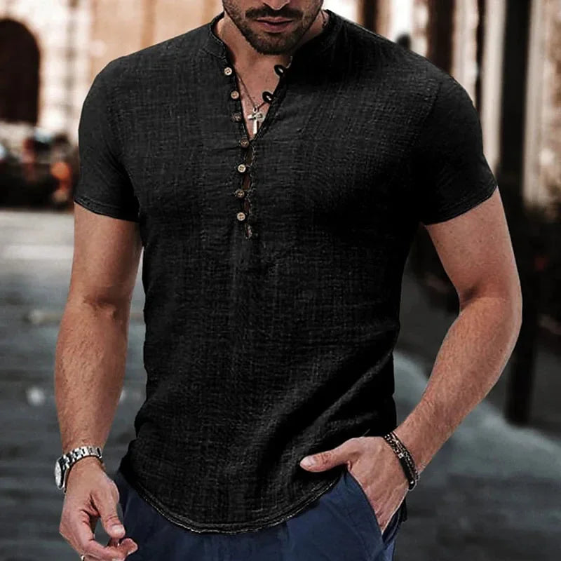 New Men's Short Sleeve T-shirt for Men Button Cotton Linen Shirt Men's Casual Clothes Popular Tops for Men