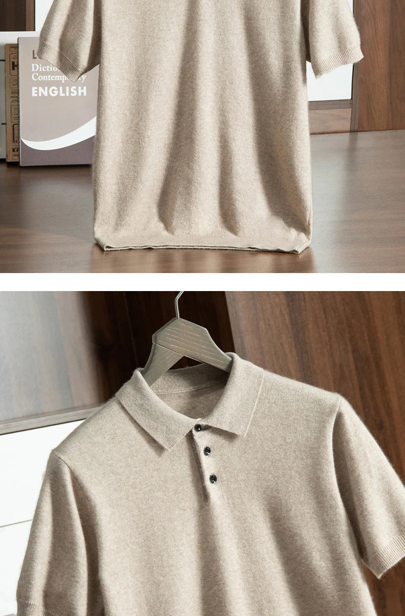 High End Men's 100% Cashmere T-shirt POLO Collar Pullover Shirt Casual Business Knitted Short Sleeved Summer Half Sleeved Top