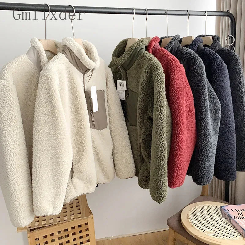 Autumn Winter Lambswool Coat Male Loose Windproof Warm Sherpa Stand Collar Polar Fleece Jacket Unisex Simple  Pocket Spliced Top