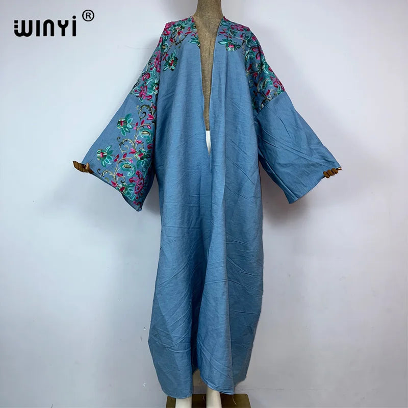 WINYI Embroidered soft denim cardigan Women coat Loose Long Dress elegant Party Boho maxi beach Holiday Swimming Cover Up Kimono