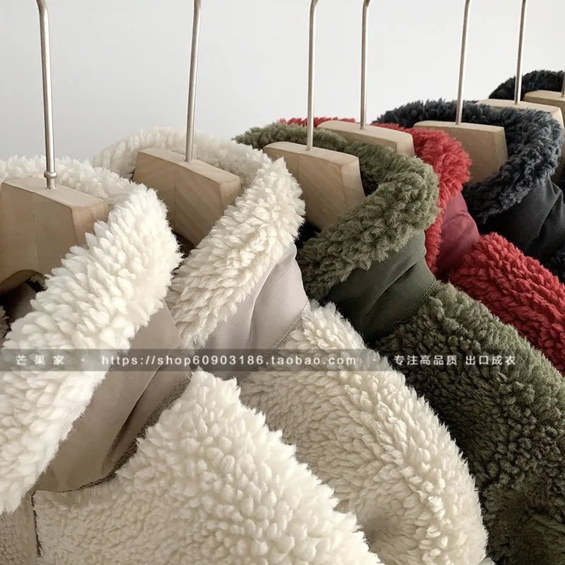 Autumn Winter Lambswool Coat Male Loose Windproof Warm Sherpa Stand Collar Polar Fleece Jacket Unisex Simple  Pocket Spliced Top