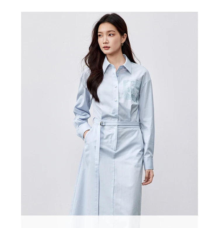 SENTUBILA Lyocell Shirt Dresses Womens 2025 Spring Cotton Embroidery A-line Turn Down Collar Solid Wrap Long Dress 151L58233
