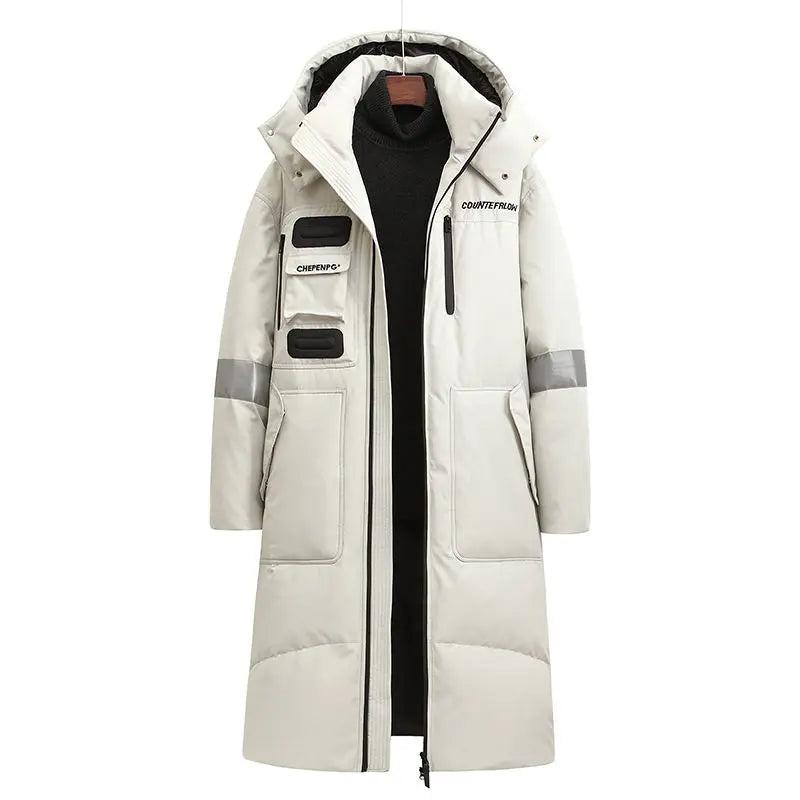 Gmiixder 2023 New Over Knee Down Coat Men's Mid Length Couple Thickened Multi Pocket Parkas Youth Work Wear Winter Long Jacket