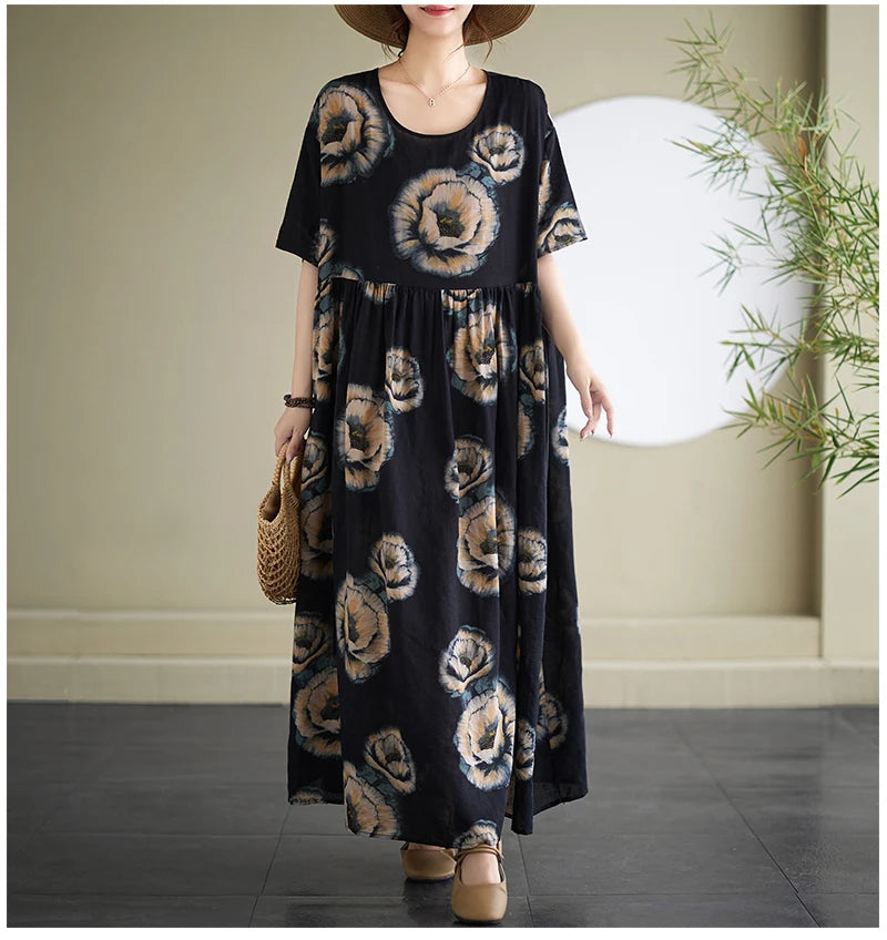 Oversized Summer Bohemian Style Long Dress Women Ruffle Pleated Fashion Flower Print Ladies Dresses Loose Casual Woman Dress