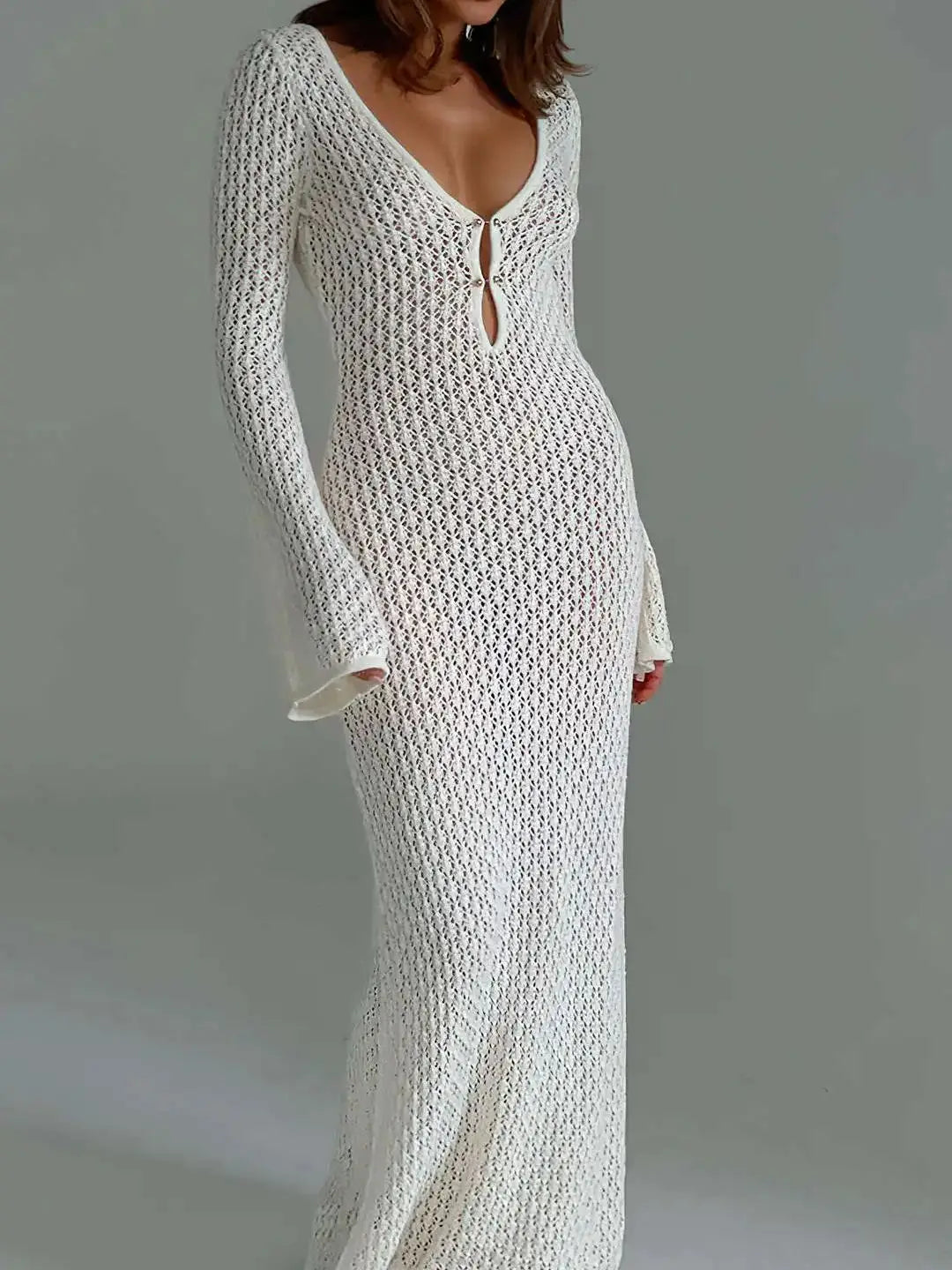 Sexy Cover Up Long Sleeve Long Dress Women Backless Beach Wear Bathing Suit Knitting Swimwear knitted Beach Dress Tunic Robe