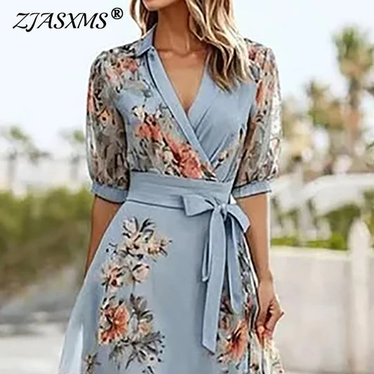 Spring Elegant Floral Print Mesh Long Dress Woman Sexy V Neck Lace-up Robe Party Dress New Summer Short Sleeve A-Line Boho Dress
