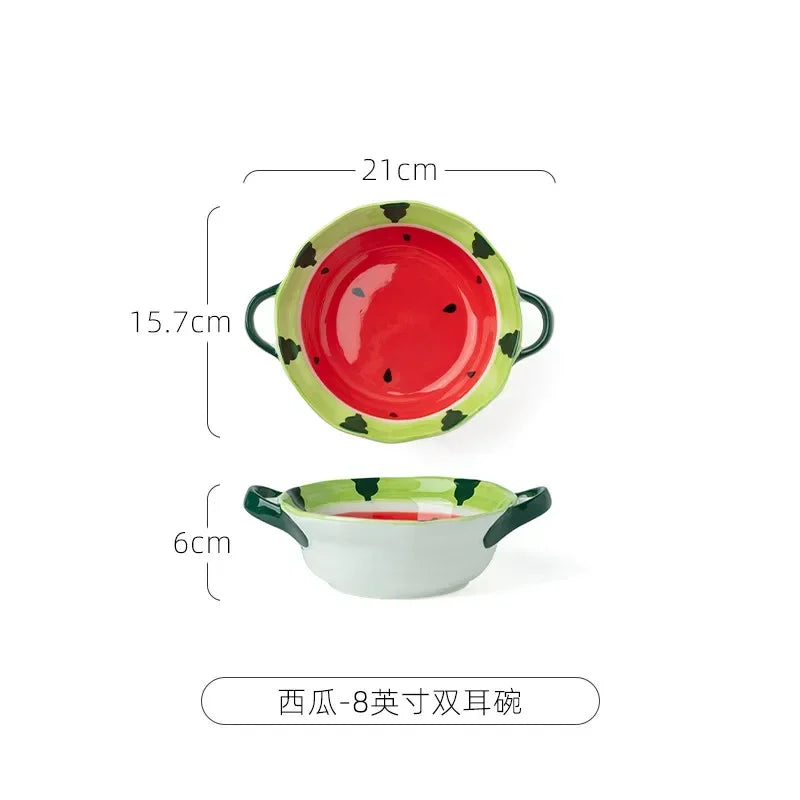 Watermelon Bowl Ceramic Bowl Plate Set Home Ramen Bowl Cute Hand-painted Tableware Children's Rice Bowls Kitchen Accessories