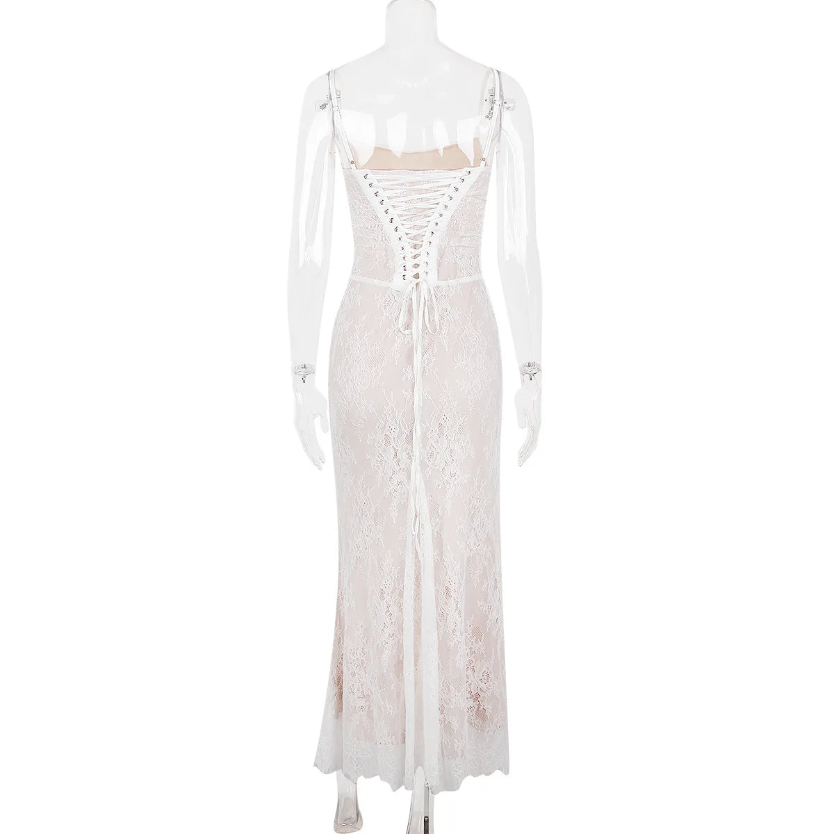 Mozision Elegant Lace Print Maxi Dress Set Women Fashion Spaghetti Strap Long Sleeve Bodycon Club Party Sexy Long Dress