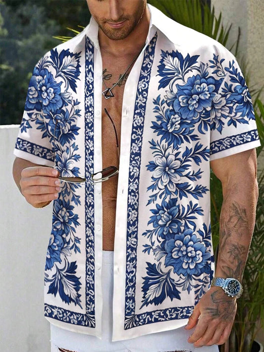 Men'S Summer Printed Vacation Shirt T-Shirt Loose Casual Button Cardigan Fashionable And Handsome Half Sleeved Men'S Top