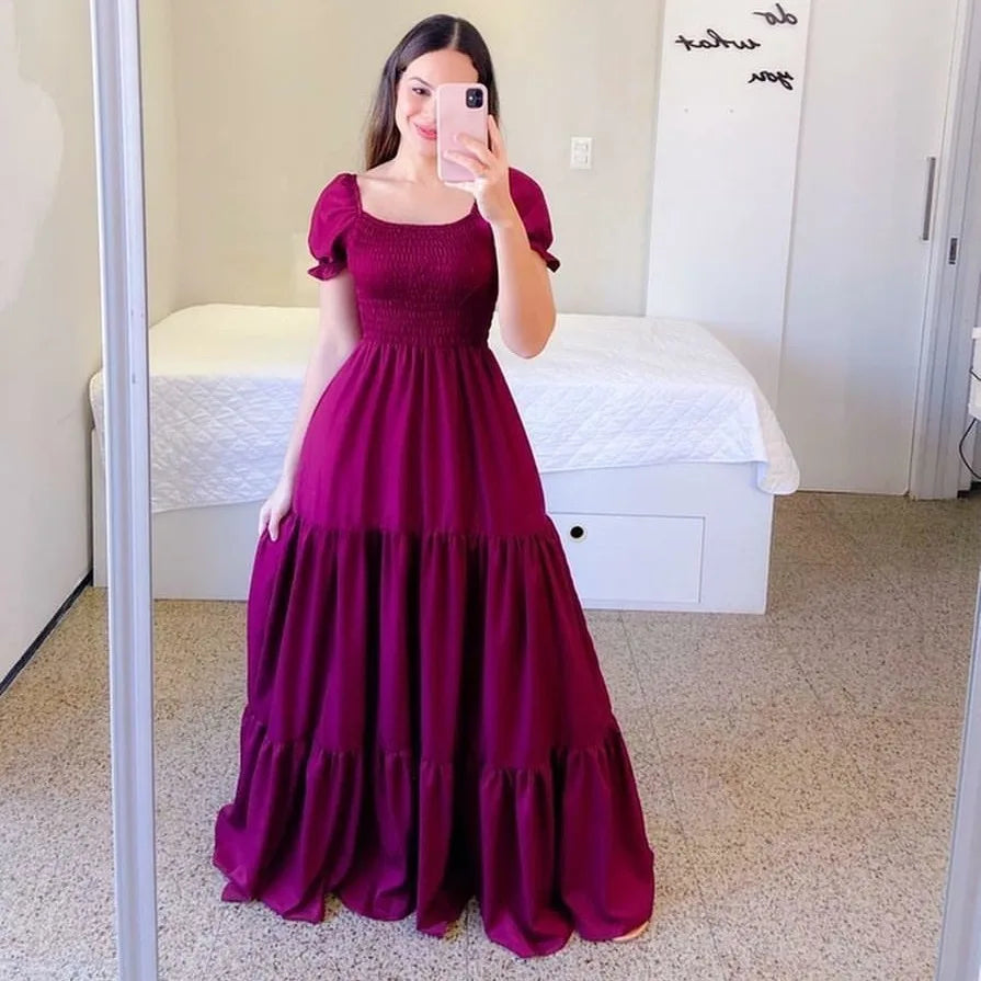 2025 Spring Summer New Women Closing Solid Color Square Collar Short Sleeve Long Dress Vestidos Largos vestidos verano moda 2024