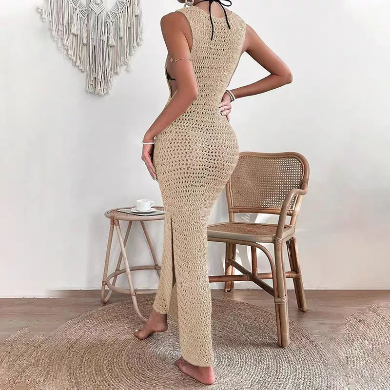 Women's Beach Style O-Neck Knit Hollow out Long Dress 2025 Summer Female Casual Sleeveless Dress Beach Bikini Cover-up Blouse
