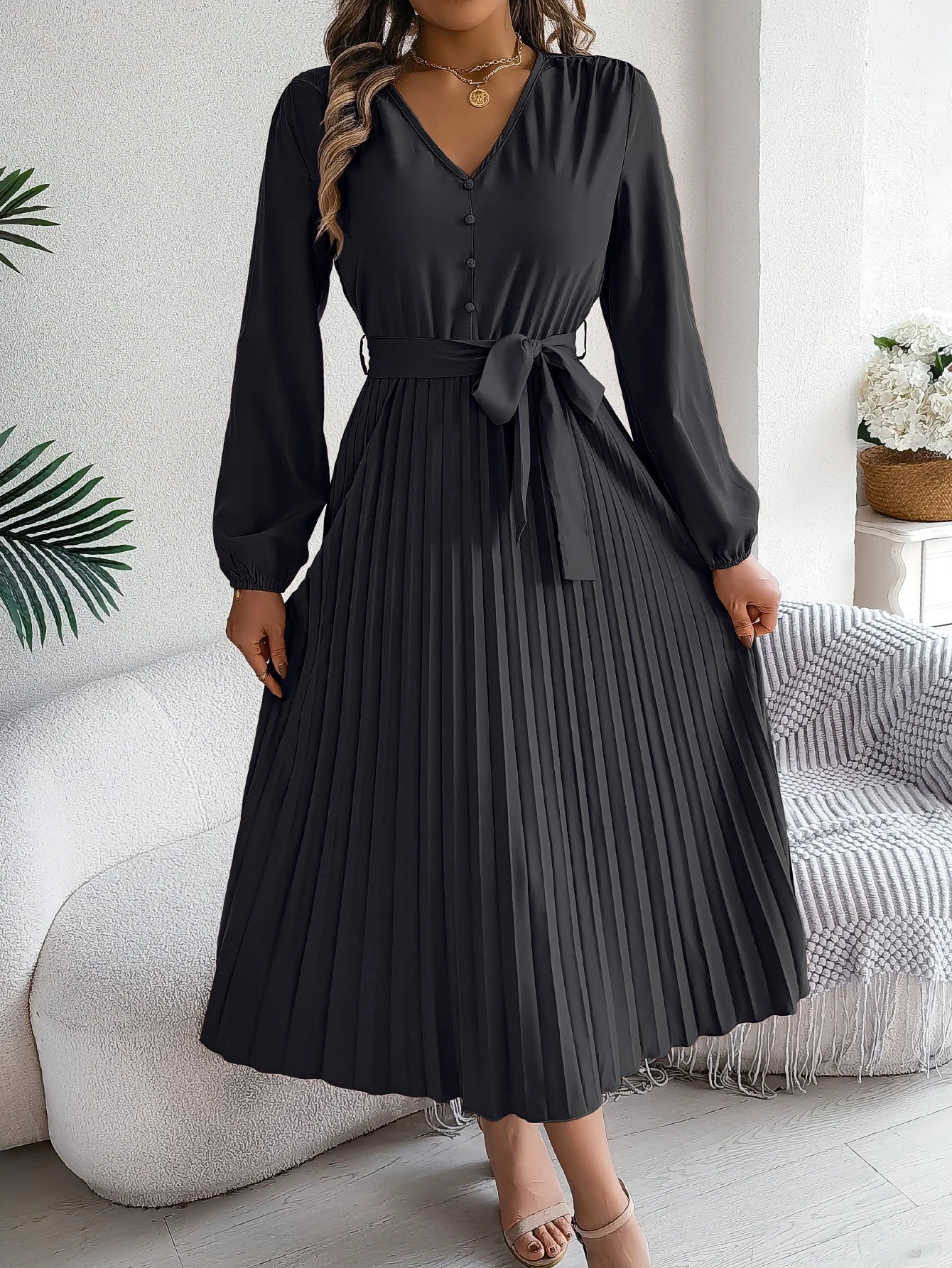 Autumn Winter Elegant V-Neck Button Belt Long Sleeved Solid Color Pleated Long Dress For Women Dresses