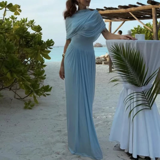 Elegant O Neck Pleated Slim Evening Dress Fashion Summer Short Sleeved High Waist Long Dress Casual 2025 Street Solid Robe Dress