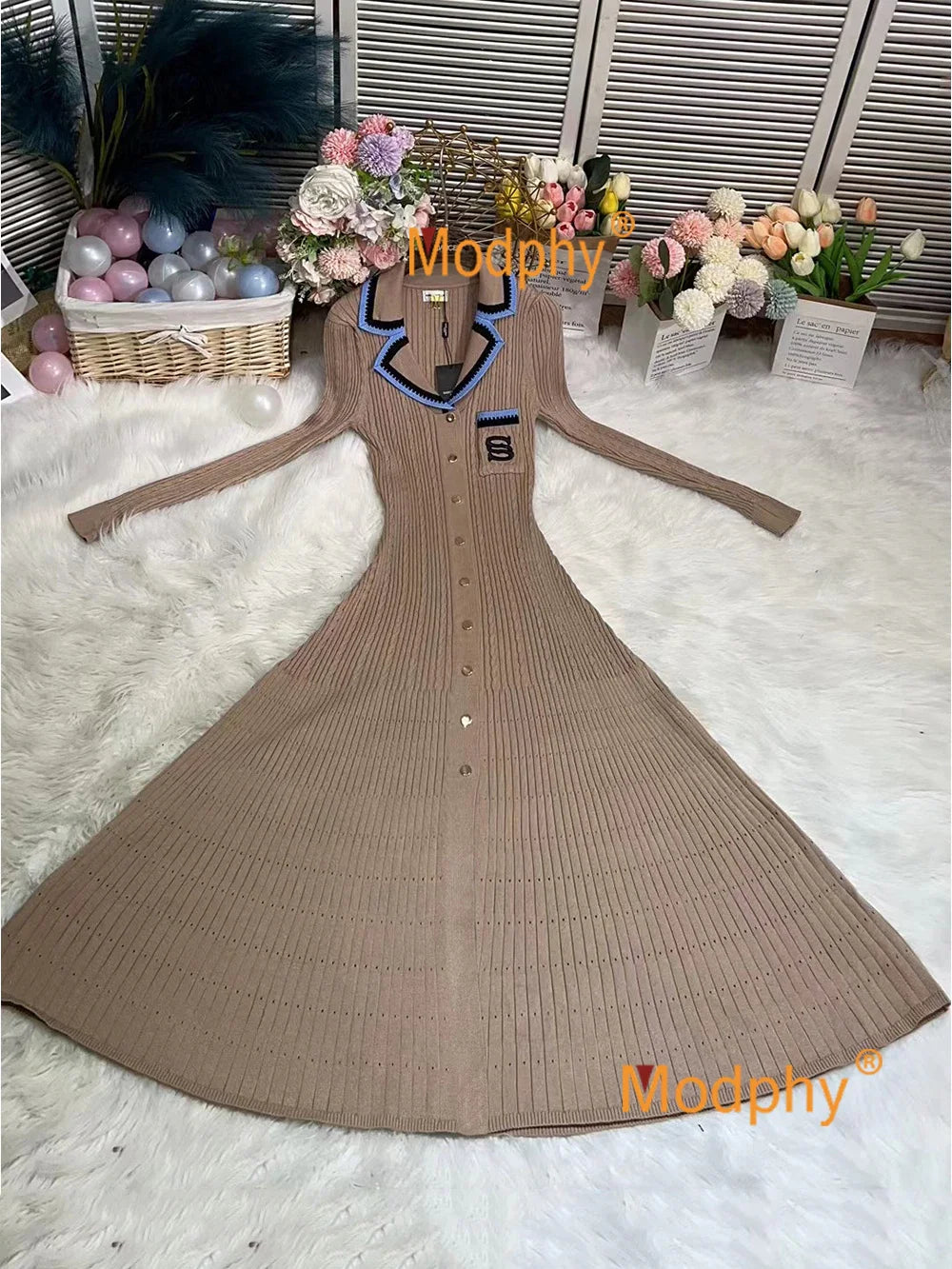 Modphy 2025 Elegant Slim Knitted Long Dress Women's Letter Single Breasted Long Sleeved Designer Vintage Dresses Autumn