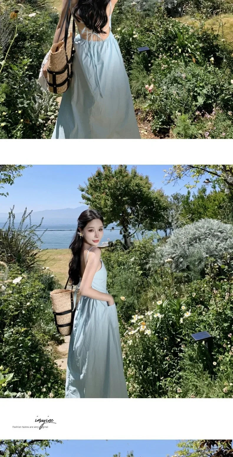 French Style Sexy Open-Back Blue Tank Dress Women's Summer Vacation Beach A- Line Long Dress Beach Vacation Dress