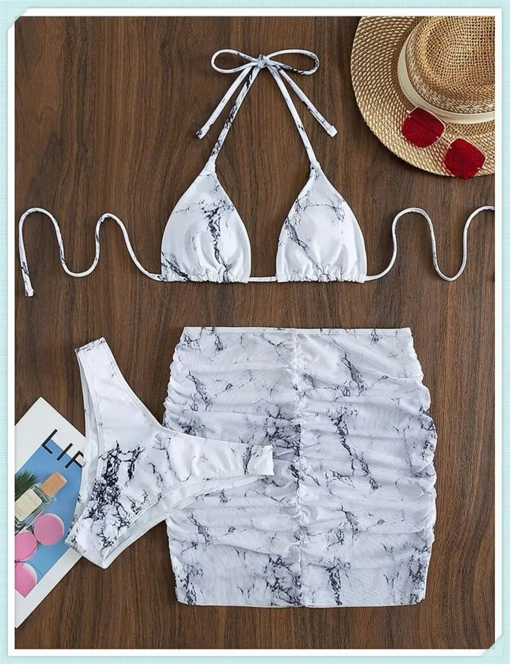 3 Pieces Thong Bikini Set With Skirt Marble texture Bathing Suit Women Swimsuit Set Female Swimwear Beach Wear Swimming Summer