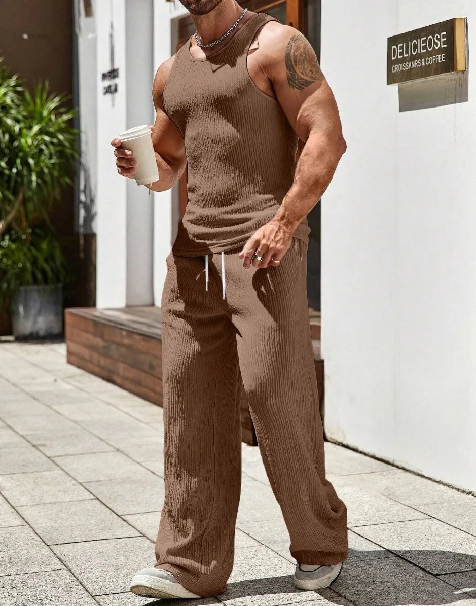 Summer New Men's Sleeveless Vest and Pants Set, Fashionable Fitness, Sports, Leisure Vacation, American Commuting 2-Piece set