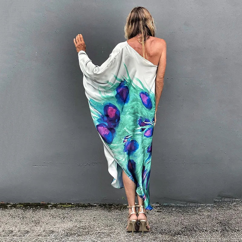 Color Butterfly Print One Shoulder Sleeve Dresses Women Sexy Off Shoulder Loose Beach Vacation Irregular Long Dress Streetwear
