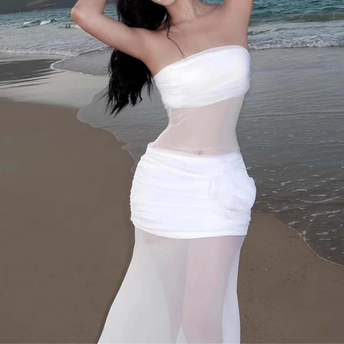 Fashion Strapless Dress With Ribbon Female Elegant Sleeveless Patchwork Mesh Beach Vacation Long Dress 2025 Summer New Dress