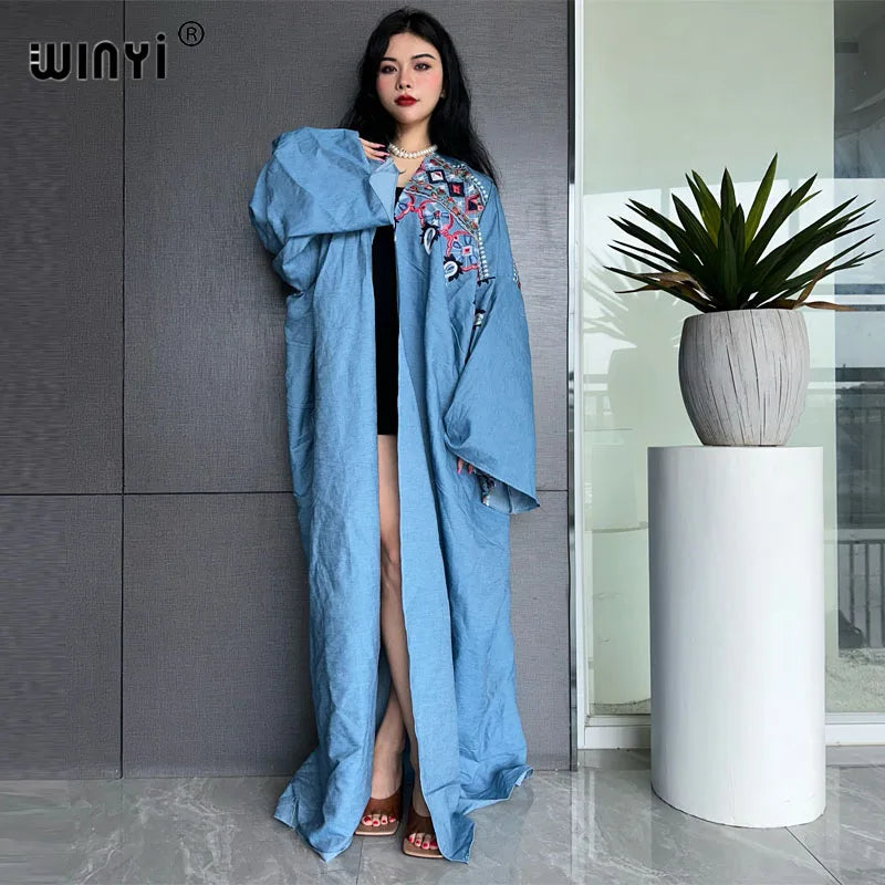 WINYI Embroidered soft denim cardigan Women coat Loose Long Dress elegant Party Boho maxi beach Holiday Swimming Cover Up Kimono
