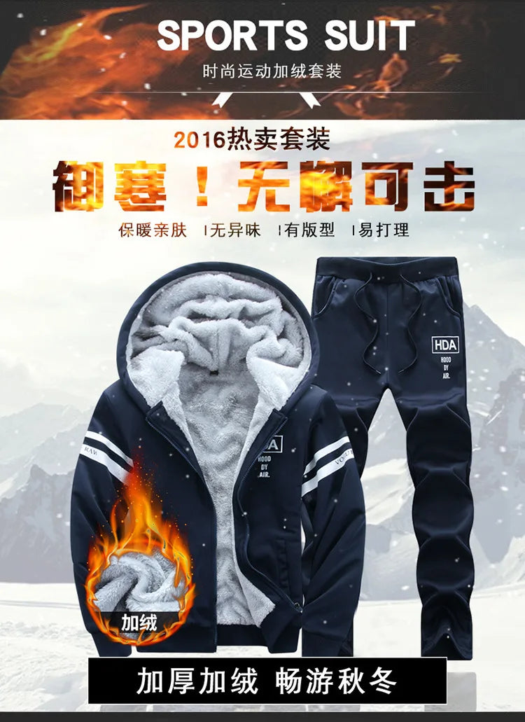 2025 Men's Thicken Warm Tracksuit Set Cardigan Fleece Hood Jacket+Pants Sweatshirts Male 2 Piece Sets Hoodies Suit Coat Big Size