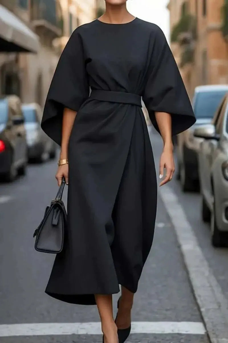2025 Spring/Summer New Elegant Women's Dress Fashion Casual Solid Color Waist Round Neck Bat Sleeve Long Dress