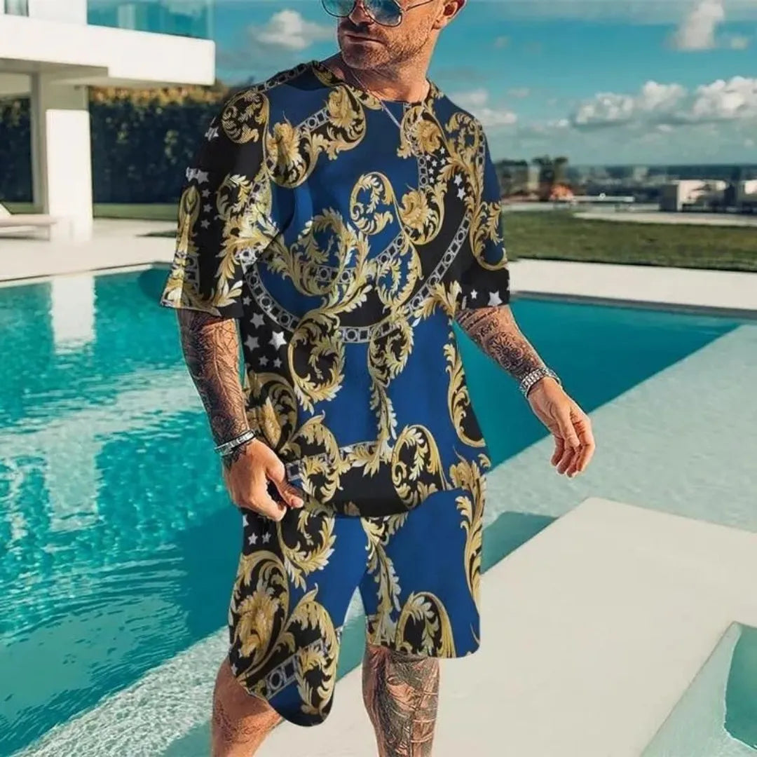 2025 Summer New Men's Luxury Gold Pattern Sportswear 3D Printed Short Sleeve T-shirt Set Fashionable Casual Men's T-shirt Two Pi