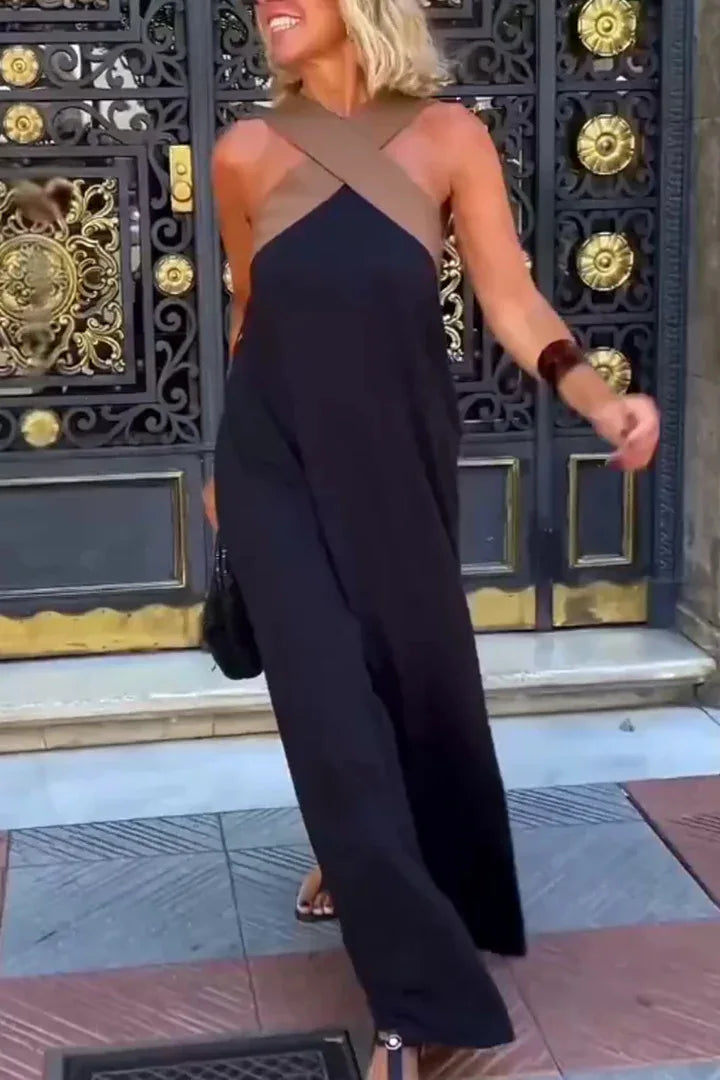 Summer Casual Loose Beach Dresses Fashion Off Shoulder Multi-color Holiday Dress 2025 New Women Halter Color Blocked Long Dress