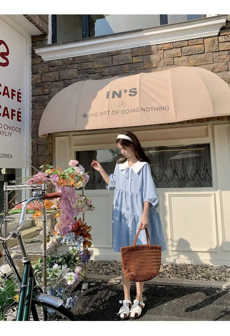 Vintage Pleated Lacing Loose Mini Dress Summer New Half Sleeve Solid Color Sweet Casual Dresses Fashion Korean Women Clothing