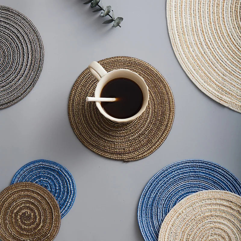 1pcs Round Table Mat Woven Ramie Placemats Anti Slip Dining Table Mats Non-Slip Tableware Bowl Pads Kitchen Drink Cup Coasters