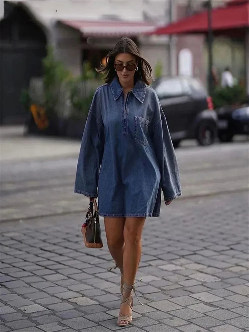 Women's Denim Dresses Lapel Zip Mini Long Sleeve Dresses Fashion Casual Loose Patch Pocket Party Commuter Denim Dresses